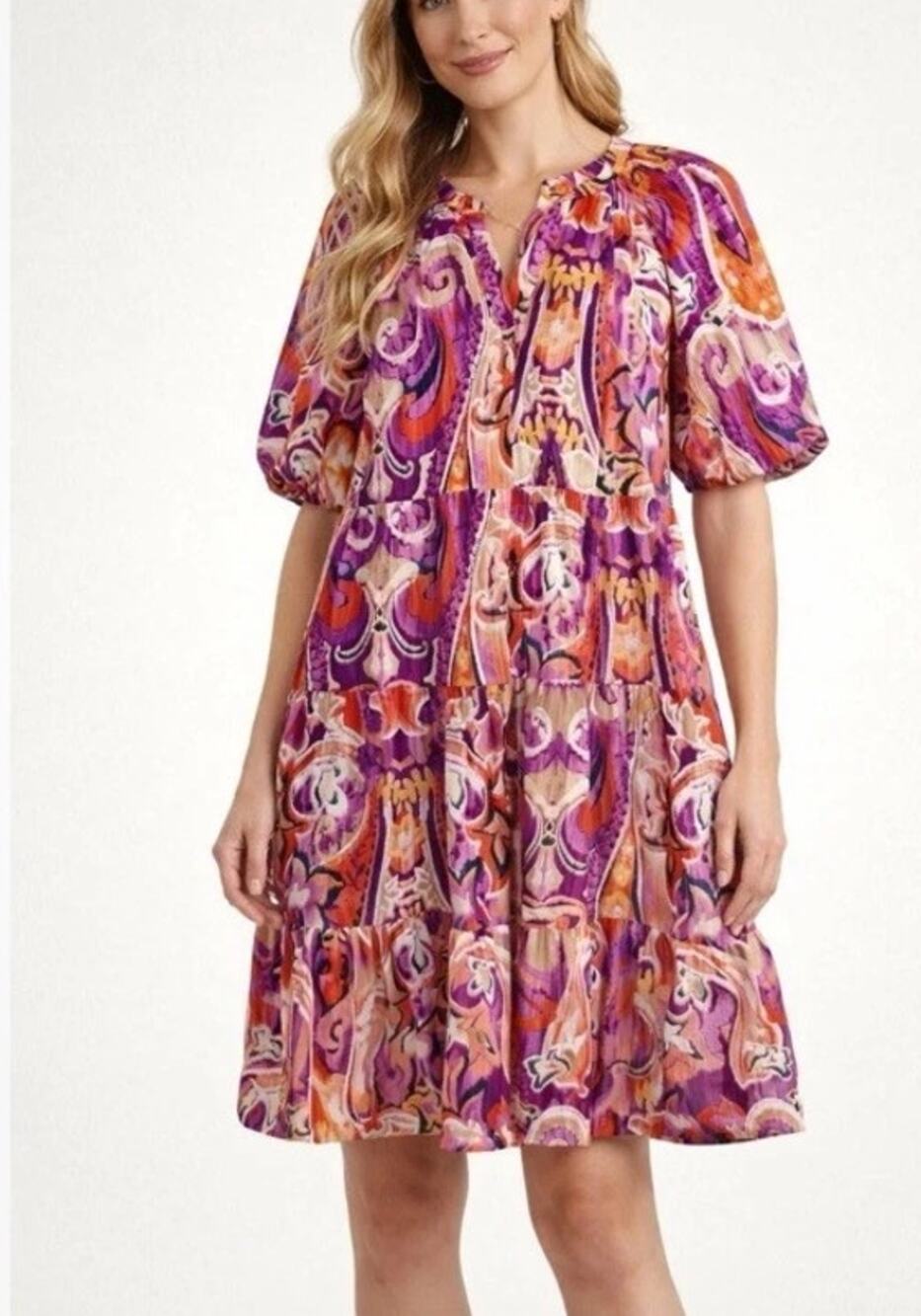 Chico's Paisley Puff Sleeve Tiered Midi Dress Women Size 16 Multicolor Pima‎